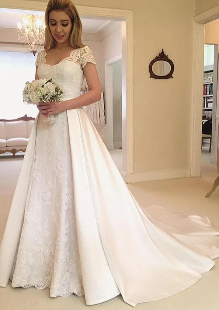 Wholesale A-Line/Princess V-Neck Floor-Length Lace Wedding Dress